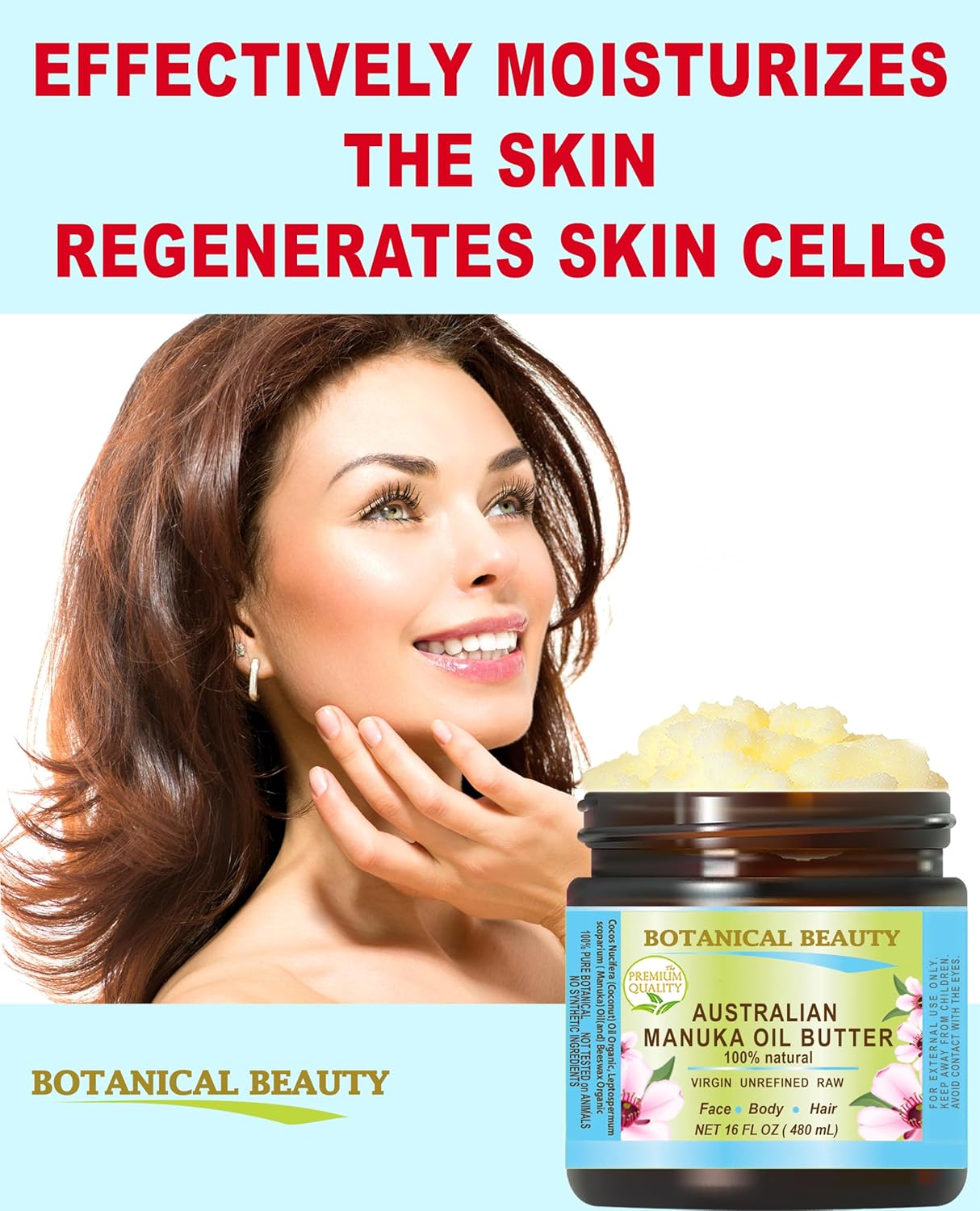 Botanical Beauty MANUKA OIL BUTTER Australian RAW VIRGIN UNREFINED for Face, Body, Hair. Dry Skin, Cracked Hands with Cocoa Cacao Butter and Manuka Honey Essential Oil 8 Fl. oz. 240 ml - Image 4