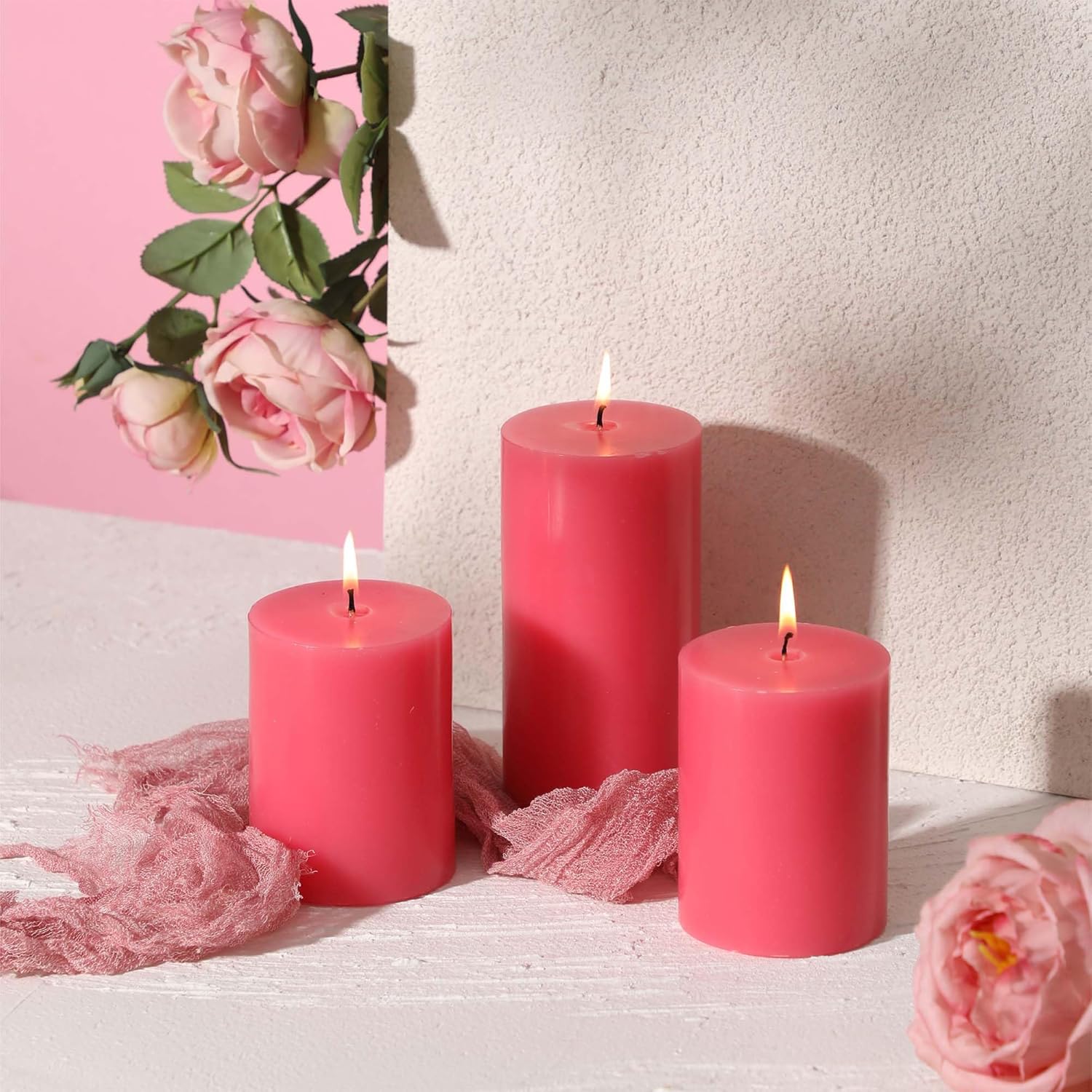 3x6 Inch Pink Pillar Candles Set of 3 - Decorative Unscented Pillar Candle, Long Burning Dripless Candle for Table Decor, Smokeless Large Pillar Candles for Wedding Table Decor - Image 2