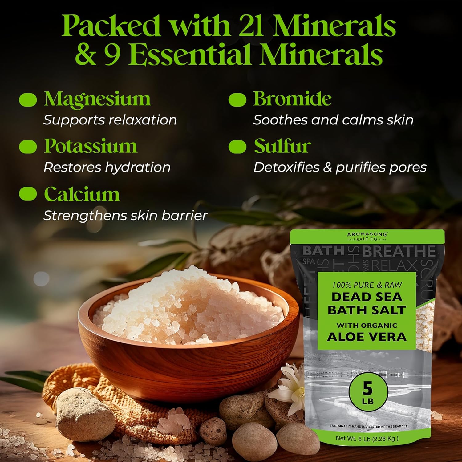 Aromasong 5 lbs Raw Dead Sea Salt with Organic Aloe Vera, not Cleaned, Still Contains All Dead sea Minerals Including Dead sea Mud, Fine Medium Grain Large resealable Bulk Pack (Packaging May Vary) - Image 4