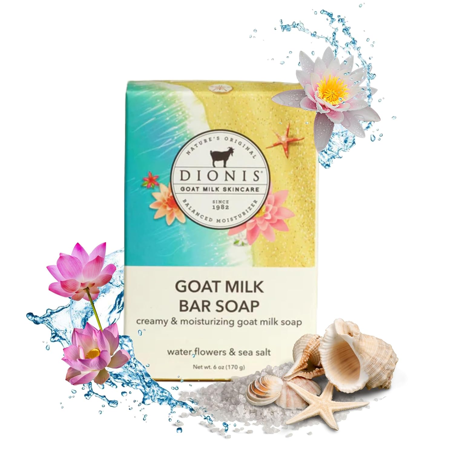 Dionis Goat Milk Water Flowers & Sea Salt Scented Hand and Body Soap Bar, Hydrating Moisturizing Wash for Sensitive Skin, Gentle Lasting Hydration, Cruelty Free, Paraben Free, Made in the USA, 6 oz