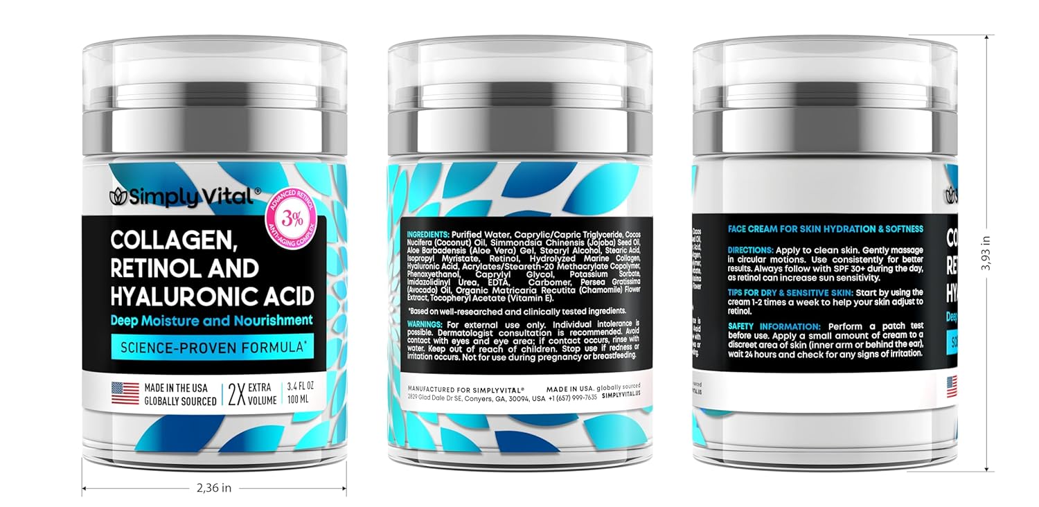 SimplyVital Collagen, Retinol & Hyaluronic Acid Cream - Anti-Aging Retinol Cream for Face, Neck & Décolleté - Made in USA - Daily Moisturizer Face Cream - 3.38 fl oz - Image 9