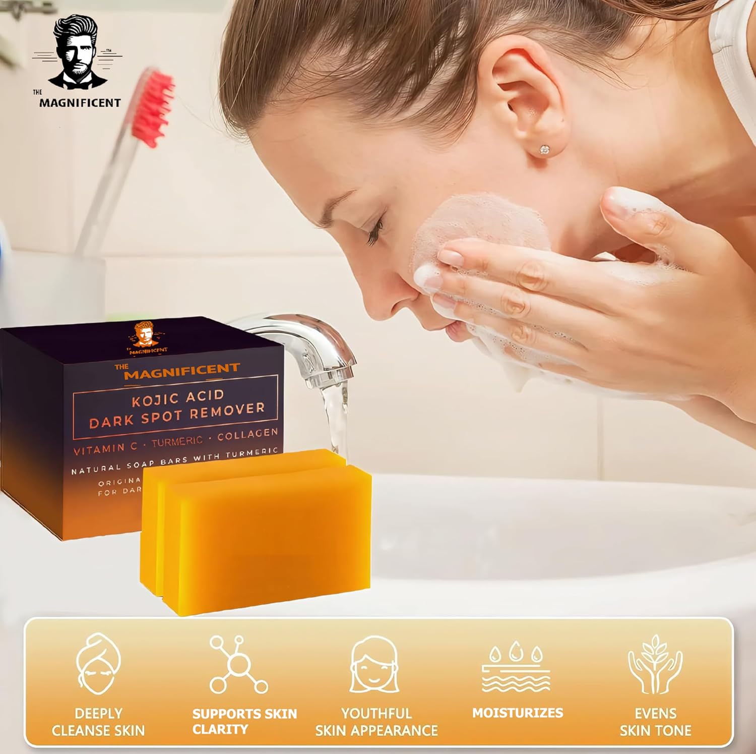 The Magnificent Kojic Acid Brightening Soap Bars – Japanese Complex with Turmeric, Hyaluronic Acid, Vitamin C, Retinol, Shea Butter & Vitamin E(2Pack+Holder) (2Pack+H) - Image 9