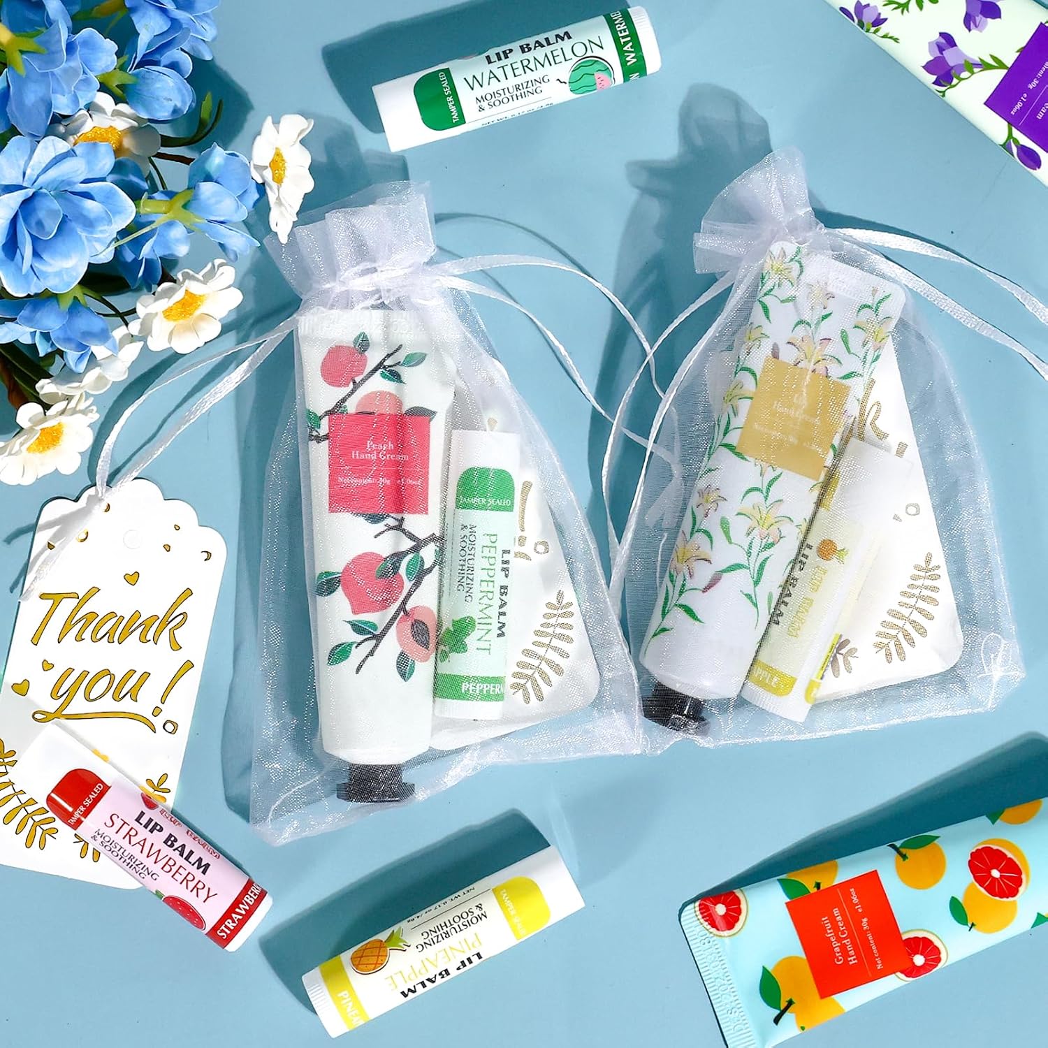 AZEN 100-Piece Hand Cream and Lip Balm Set with Organza Bag Thank You Card Guest Favors - Image 4