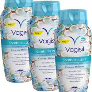 Vagisil Feminine Wash for Intimate Area Hygiene, Scentsitive Scents, pH Balanced and Gynecologist Tested, Coconut Hibiscus, 12 oz (Pack of 3)
