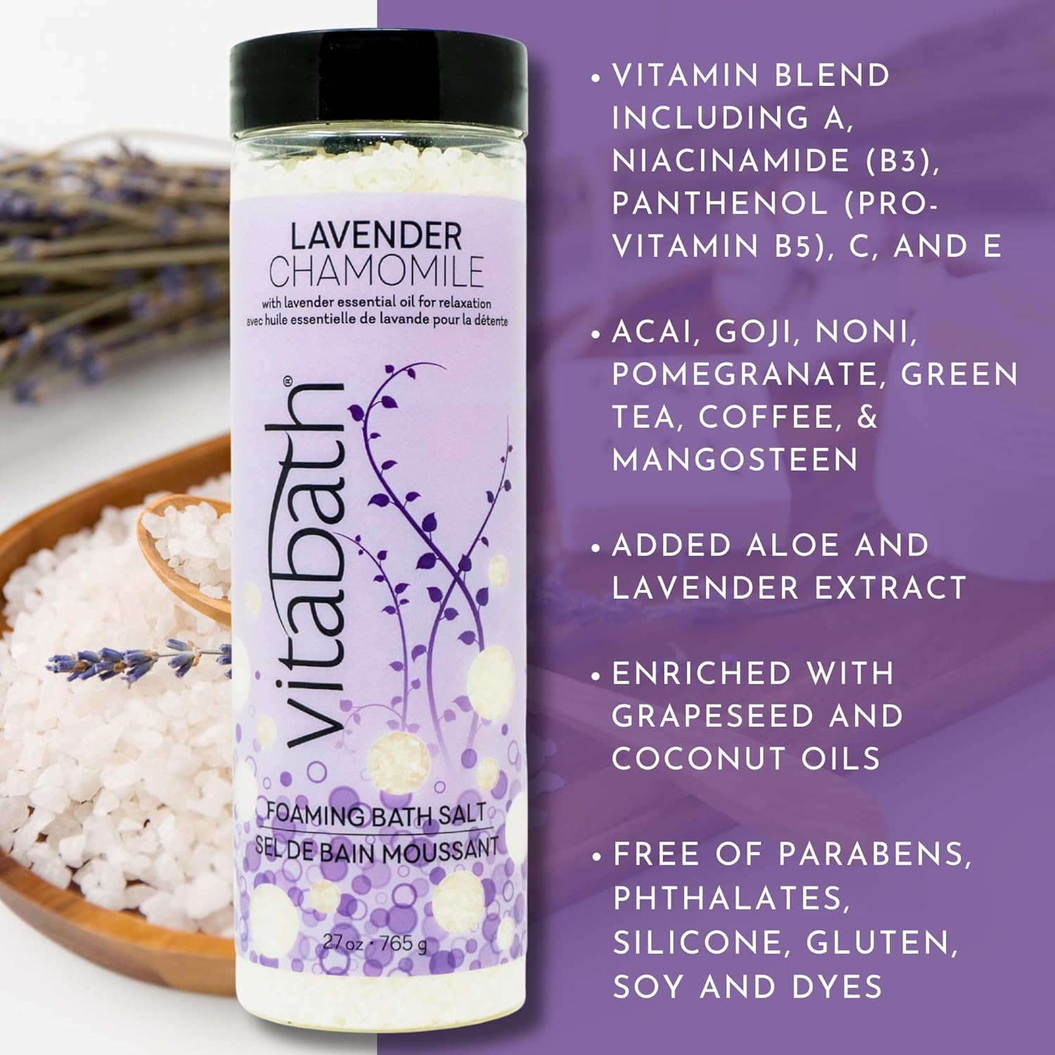 Vitabath Lavender Chamomile Relaxing Foaming Bath Salts 27 oz for Luxurious Skin Care - Image 2
