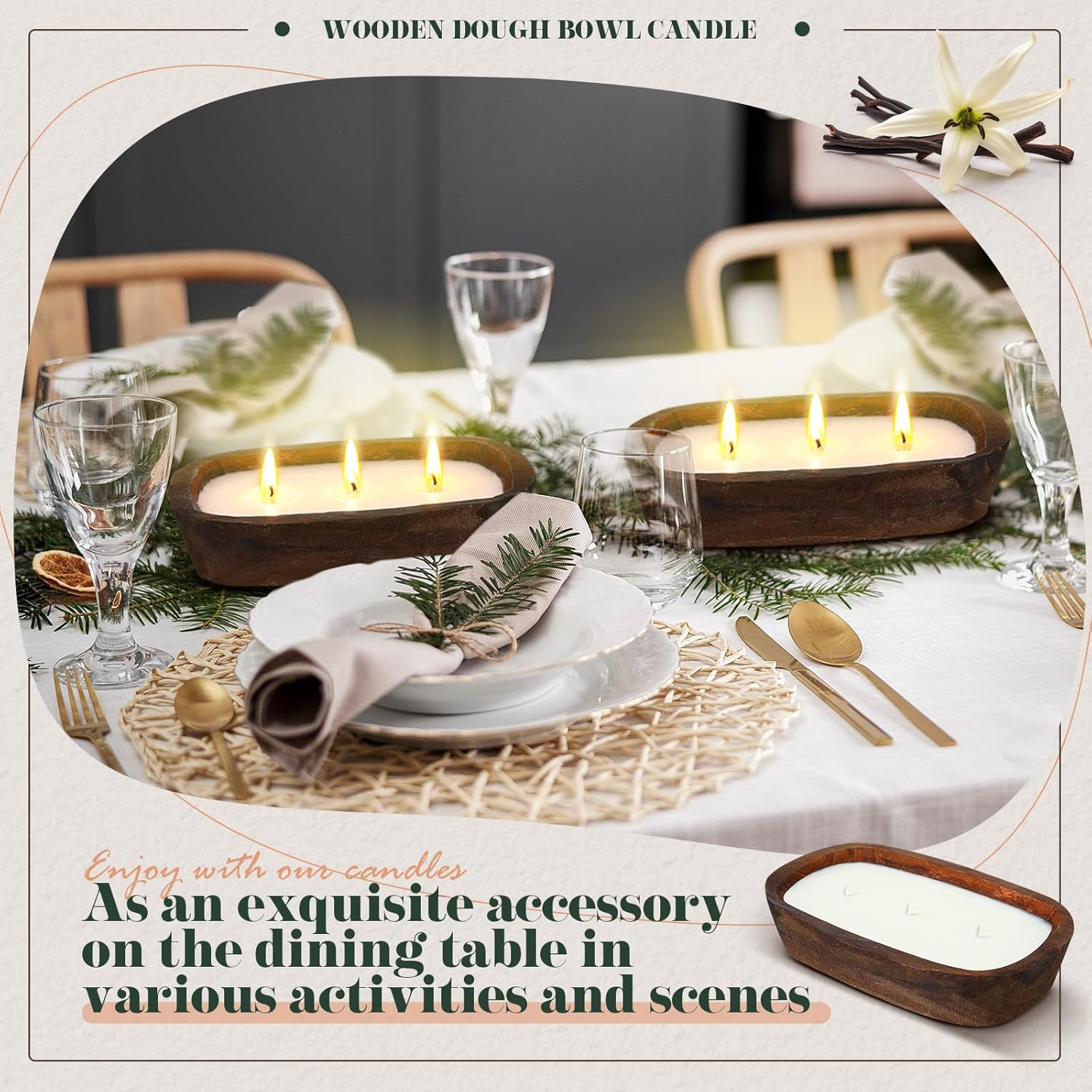 2 Pack Wood Dough Bowl Candle 10 Inch Vanilla Candle Decorative with Wick Scented Candles Soy Gifts for Men Women Farmhouse Table Centerpiece Home(10 Inch,Vanilla) - Image 6
