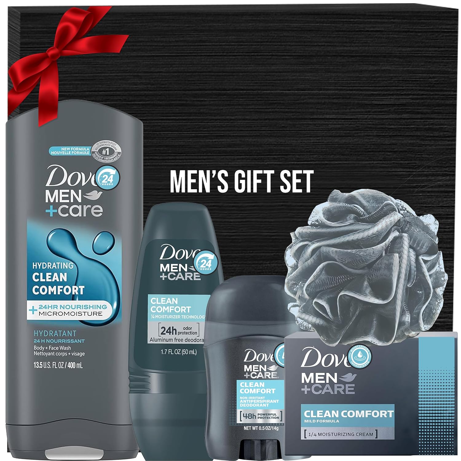 Men+Care Father's Day Gift Set, 5 Piece Set, Men Body Wash Clean Comfort, Clean Comfort Deodorant Stick, Clean Comfort Deodorant Roll On, Clean Comfort Bar Soap,Men's Shower Pouf, Gift Box