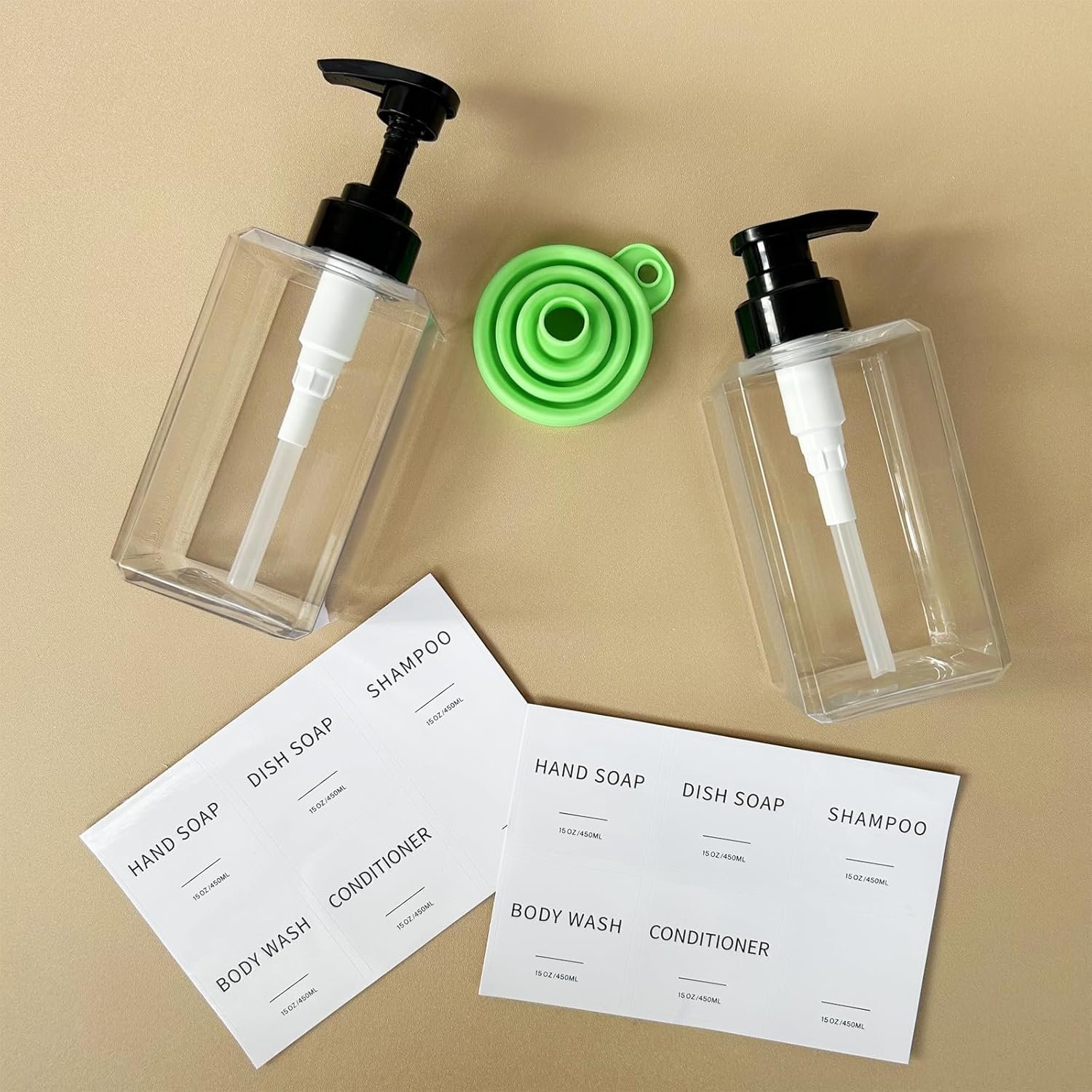 Clear 15oz Thick Plastic Soap Dispenser Set with Waterproof Labels 2 Pack - Image 7
