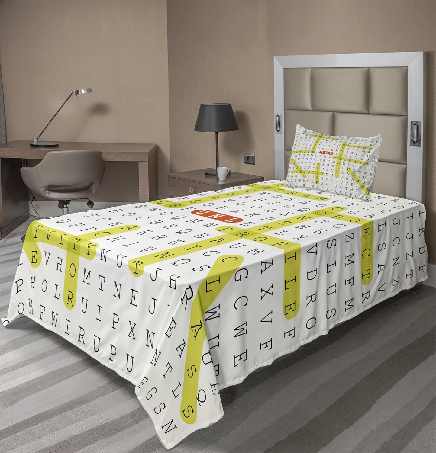 Ambesonne Word Search Game Sheet Set, Unified Modeling Language Word Game with Highlighted Keywords, Fitted and Flat Sheet with Pillowcase Bedding Accent 3 Piece Set, Twin, Black Yellow Orange