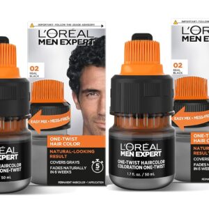 L’Oreal Paris Men Expert One Twist Mess Free Permanent Hair Color, Mens Hair Dye to Cover Grays, Easy Mix Ammonia Free Application, Real Black 02, 2 Application Kit