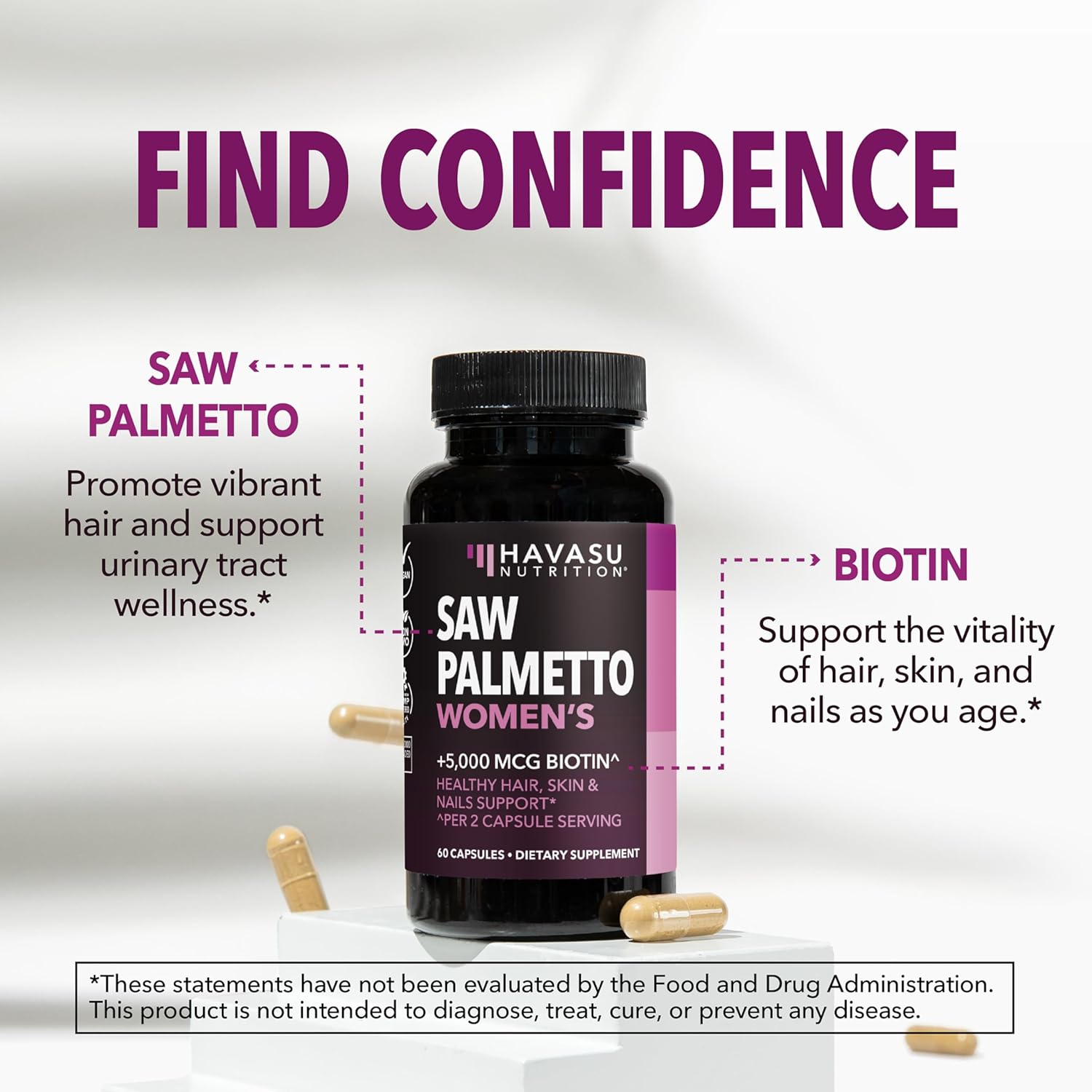 Saw Palmetto for Women with Biotin 5000mcg - Powerful DHT Blocker to Support Hair, Skin, and Nail Health - 60 Count - Vegan, Non-GMO Vitamin for Stronger, Fuller Looking Locks - 1 Month Supply - Image 4