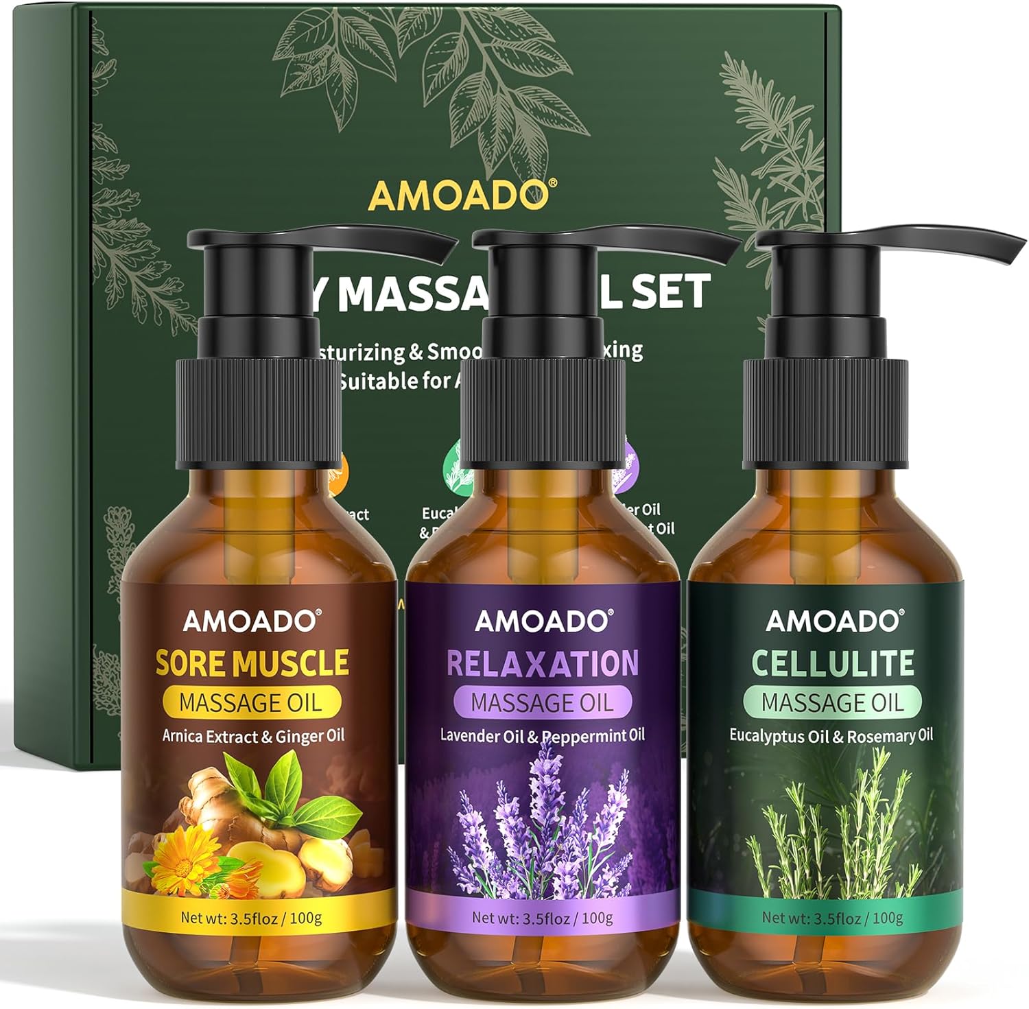 Massage Oil for Muscle Therapy,Sore Muscle Massage Oils – 10.5oz, Arnica Oil,Anti-Cellulite Eucalyptus,Lavender Oils Blend, Body Oil Trio Set,Muscle Relief & Spa-Quality Massage for All Skin Types