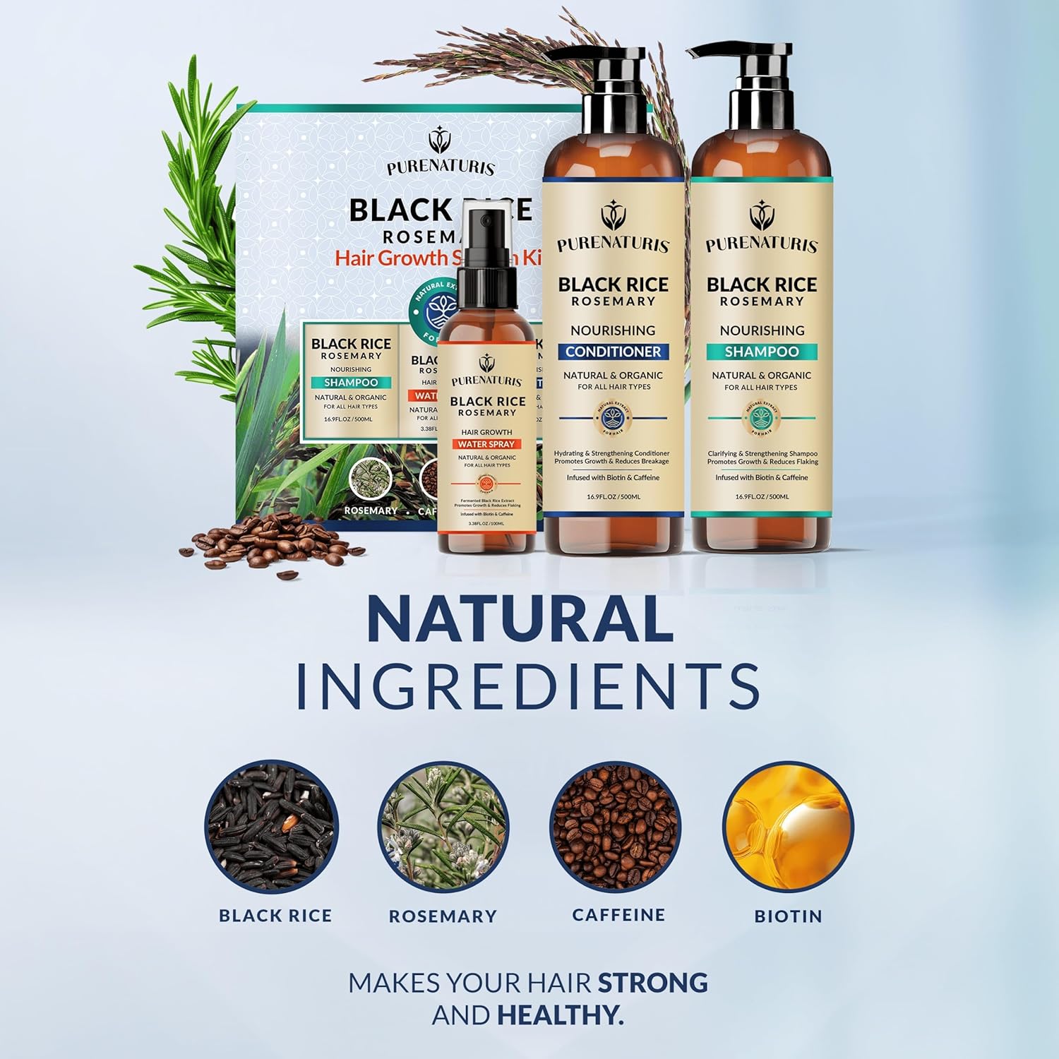 Organic Rosemary Black Rice Water Shampoo Conditioner Set for Hair Growth, Rice Water Spray, w/Rosemary Water, Biotin, Caffeine, Routine Shampoo for Women Men Hair Loss Thickening, Longer - Image 2