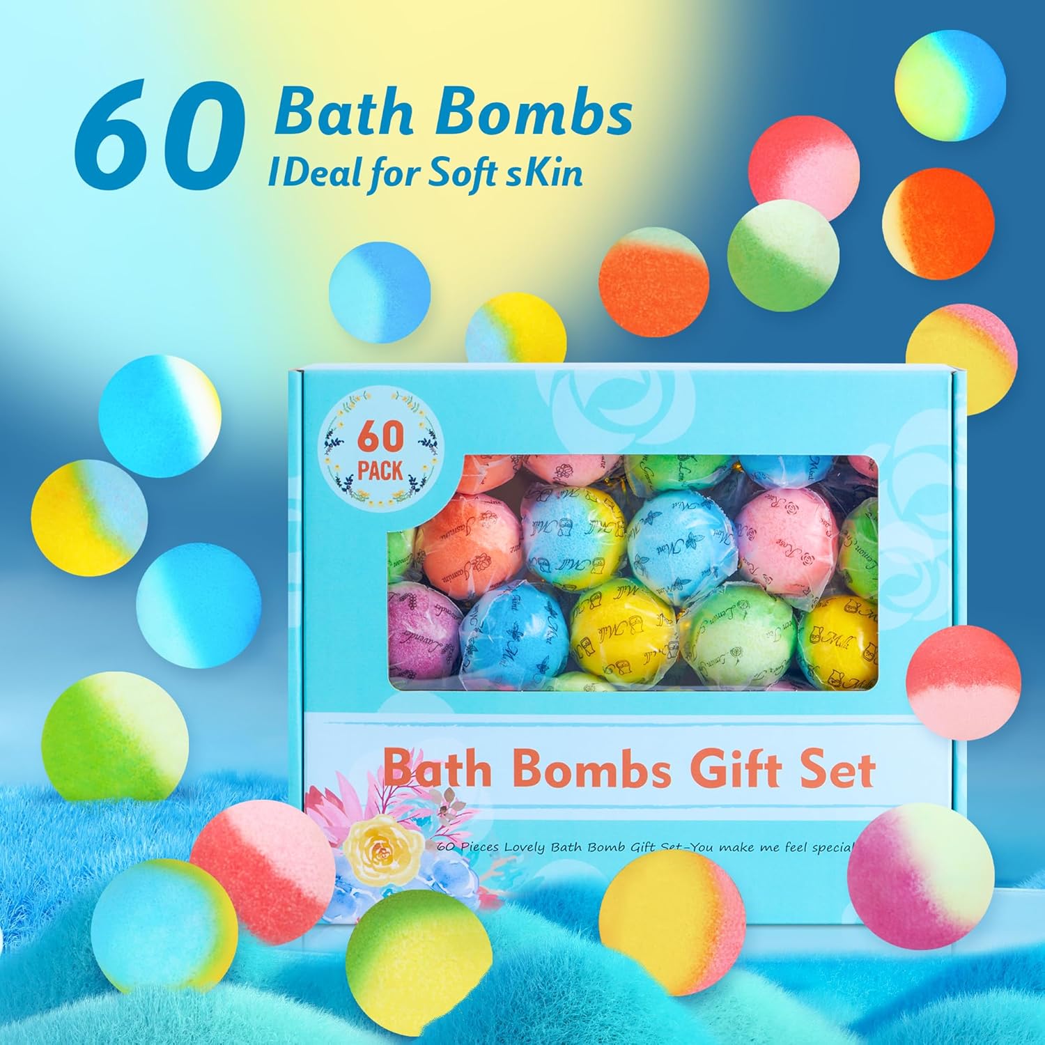 60 Piece Organic Bath Bombs Set Individually Wrapped Relaxation Spa Gift - Image 6