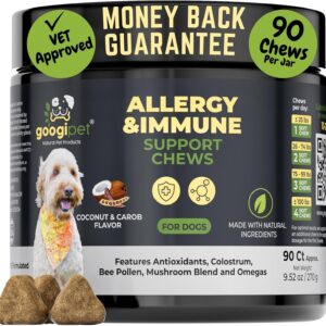 Googipet Dog Allergy Chews, Dog Allergy Relief & Itchy Skin Relief, Skin & Coat Supplement +Bee Pollen, Colostrum for Dogs, Coconut Oil, Probiotics, & Omega 3 Fish Oil to Reduce Constant Scratching