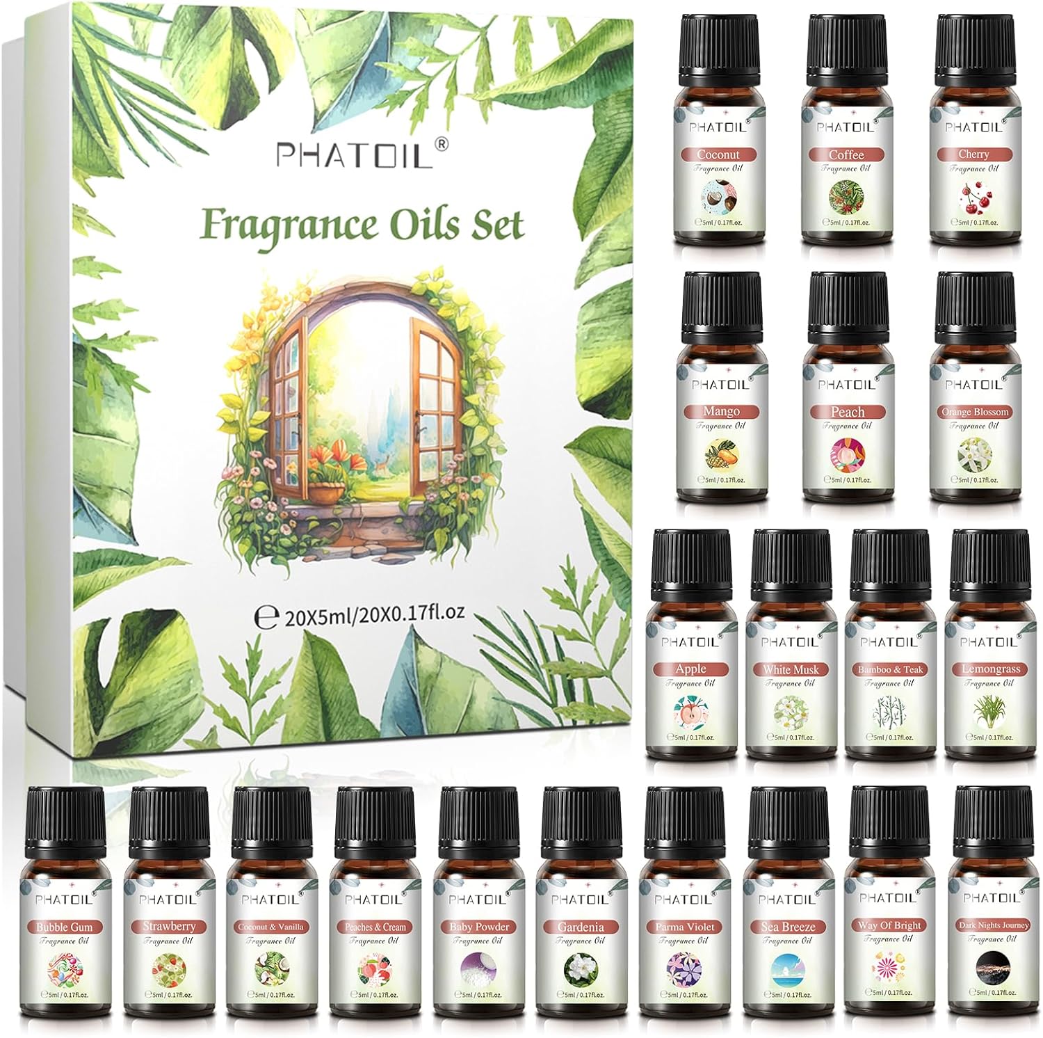 Coconut 20 Pcs Fragrance Oil Set, Premium Fragrance Oil, for Humidifier, DIY Candle & Soap Making Scent, Aromatherapy Diffuser Oils Set (5ML)