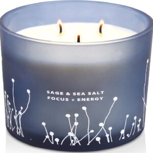 Sage Sea Salt 3 Wick Candle Large 14.5 oz | Natural Soy Scented Candles for Home | White Sage Energy Cleansing Candle for Focus | Calming Relaxing Aromatherapy Candles Gift for Women and Men