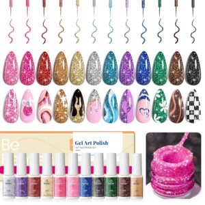 Beetles Nail Art Gel Liner Polish 12 Colors Reflective Glitter Gel Nail Polish, Gold Silver Pink Blue Purple Brown Black Kit Soak Off Uv Nail Art Design Set Summer Manicure Gifts for Women