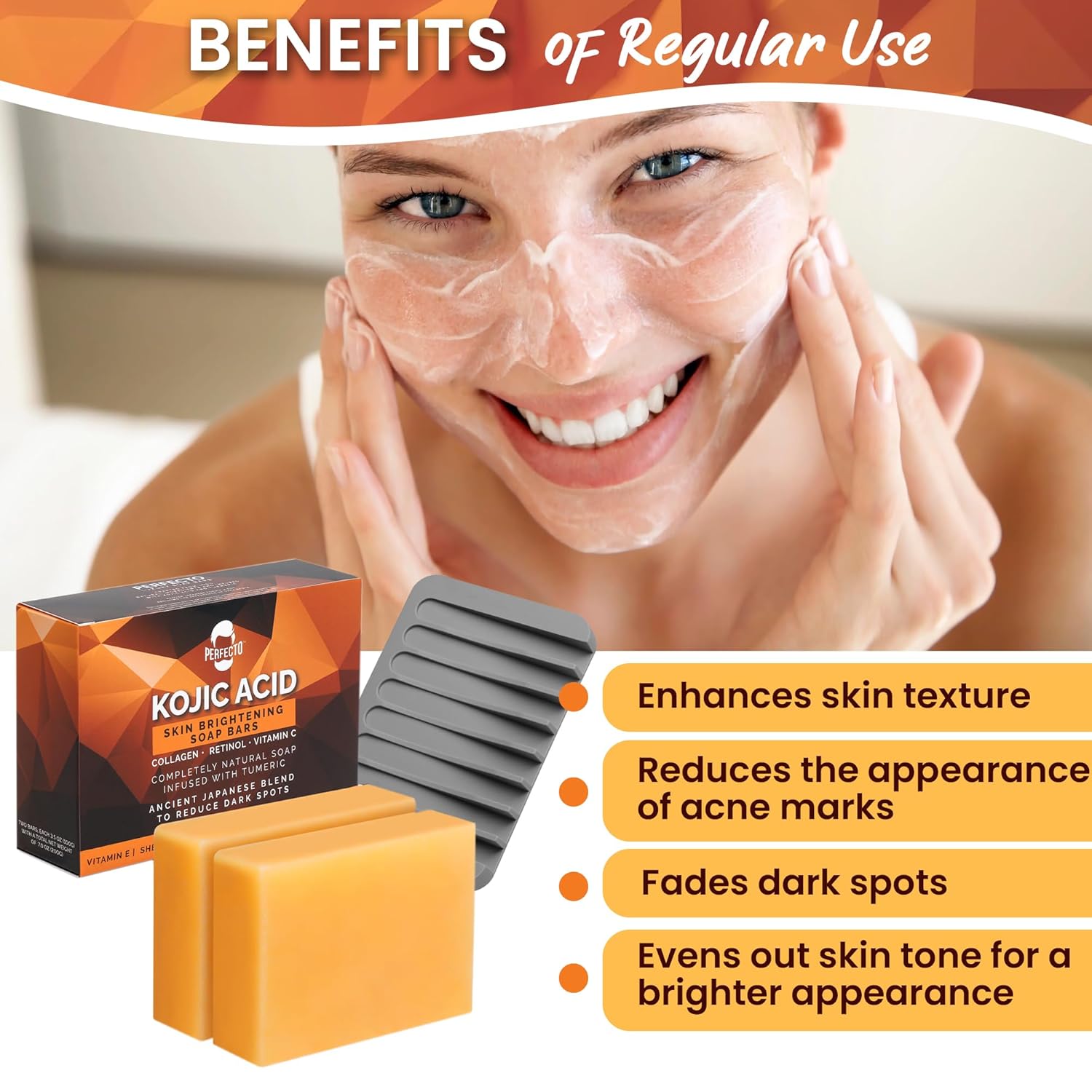 Perfecto Kojic Acid Soap for Hyperpigmentation - All-Natural Kojic Acid Turmeric Soap Bars - Soap Bar Reduces Dark Spots - Skin Soap with Vitamin C, Retinol, Collagen -100g x 2 Bars - Image 5
