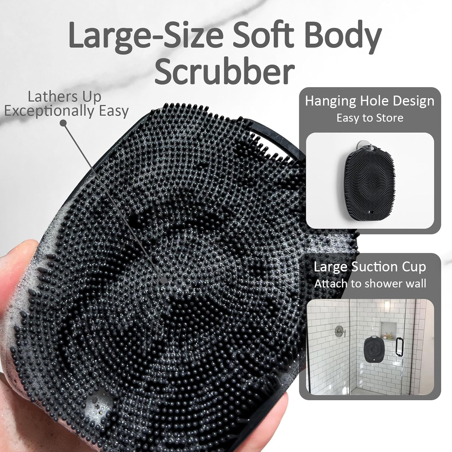 Soft Silicone Body Scrubber, Gentle Like a Hand Exfoliating Your Skin and Build Up Lather Easily, Back Large Suction Cup Easy to Store, Long-Lasting & Deep Clean (Black) - Image 3