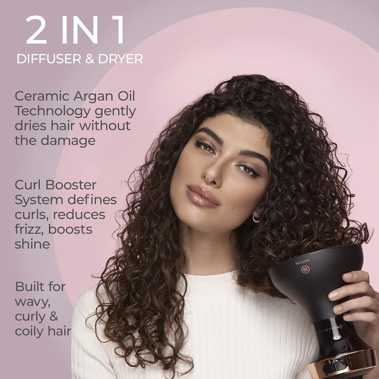 Bellissima Italia Lightweight Ceramic Hair Diffuser Dryer with Argan Oil, Curly Hair, 5000 Watts - Image 2