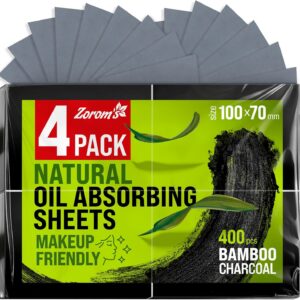 Natural Oil Blotting Sheets for Face with Bamboo Charcoal - 4pk/400 Makeup Friendly Oil Absorbing Sheets for Face - Blotting Papers for Oily Skin