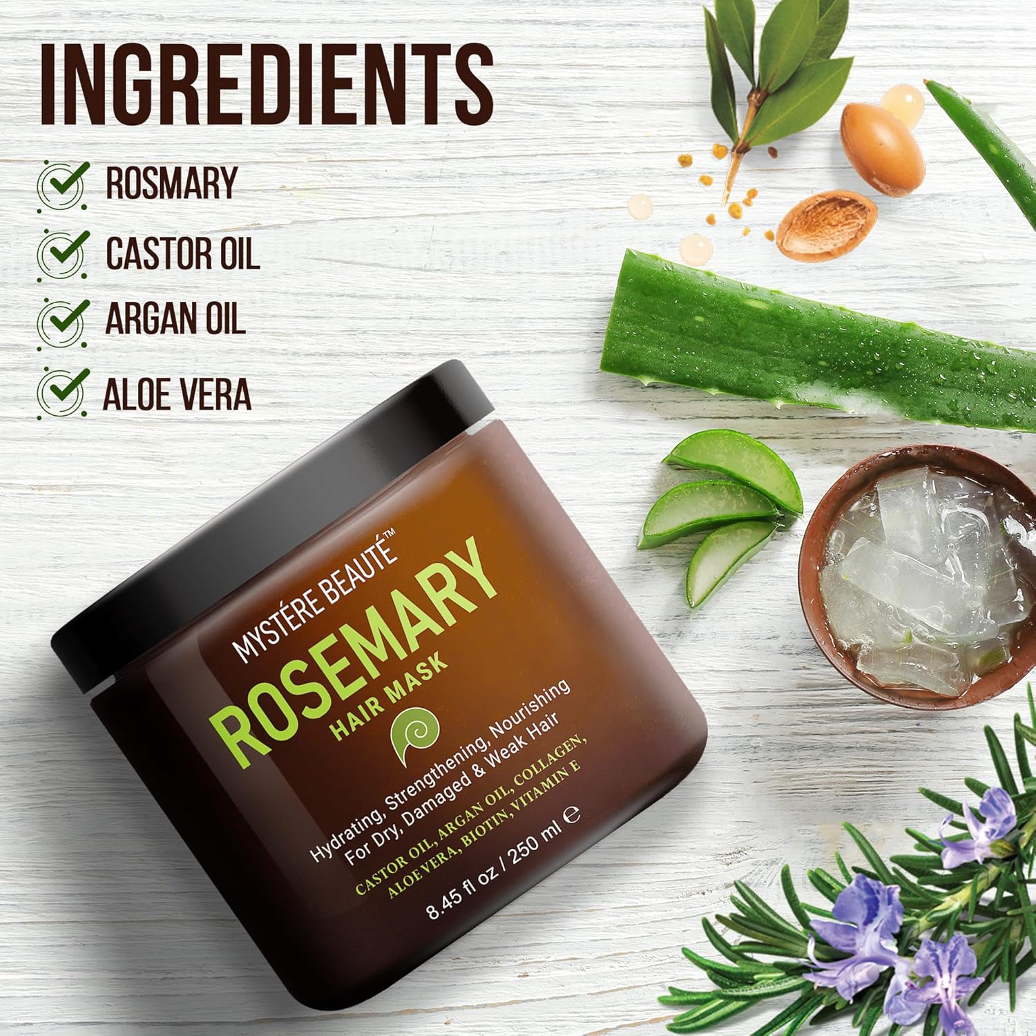 Rosemary Deep Conditioning Hair Mask for Dry Damaged Hair and Growth with Collagen Argan Oil - Rosemary Oil Leave in Conditioner aceite de romero puro y natural 8.5 fl oz x 2 Pack - Image 4