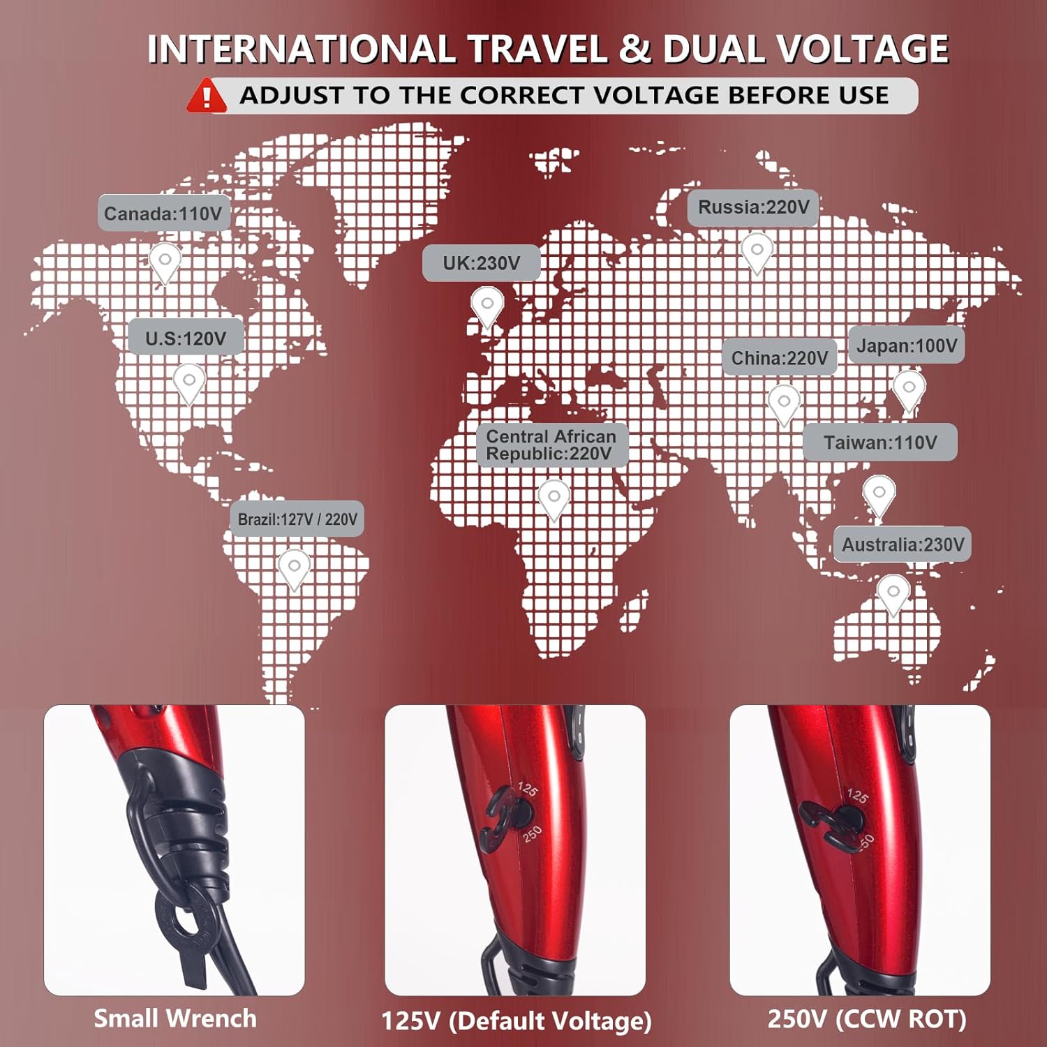 LURA Mini Travel Hair Dryer 1200W, Dual Voltage, Red with Diffuser & Concentrator - Image 4
