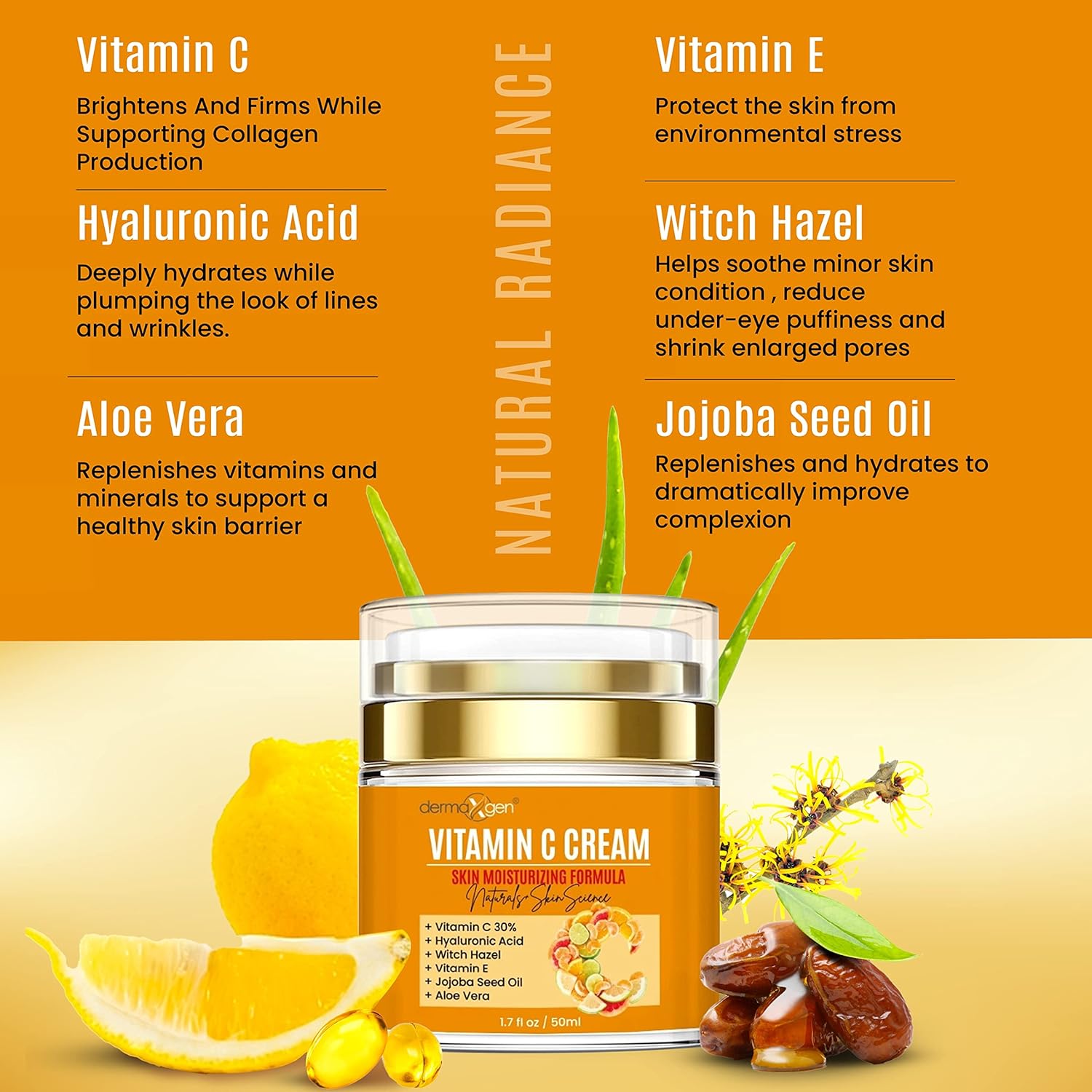 Vitamin C Moisturizing Cream - Organic Glowing Skin Anti-Aging, Rejuvenating, Boosting Collagen Hydrating for Dull, Dry & Sensitive & Oily Skin - 1.7 FL OZ. - Image 6