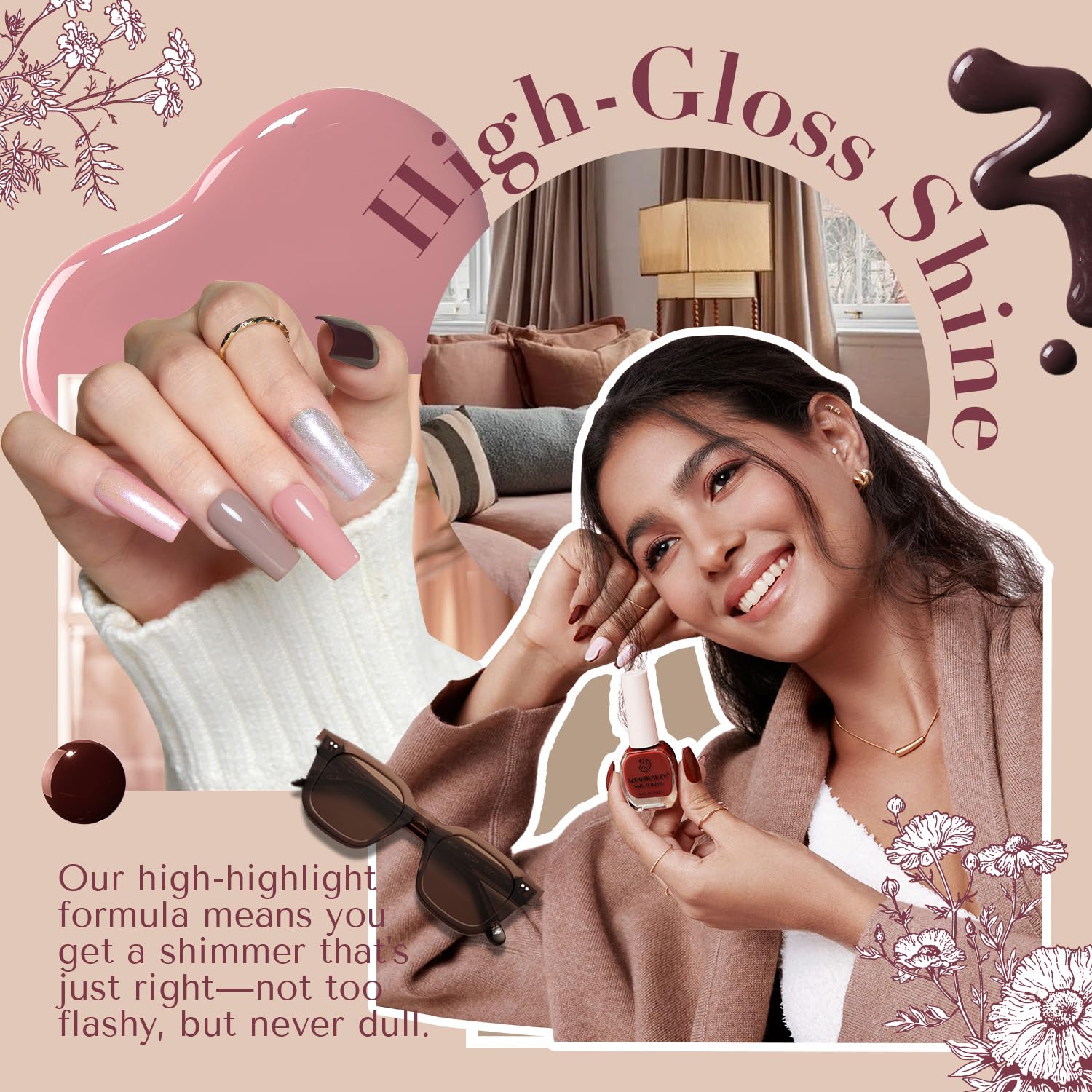 AZUREBEAUTY Nail Polish Set 4 Colors Brown Pink Glitter Nail Polish Quick Dry Natural Nail Lacquer Fingernail Strengthening Treatment Kit with Top Coat DIY Salon Home - Image 3