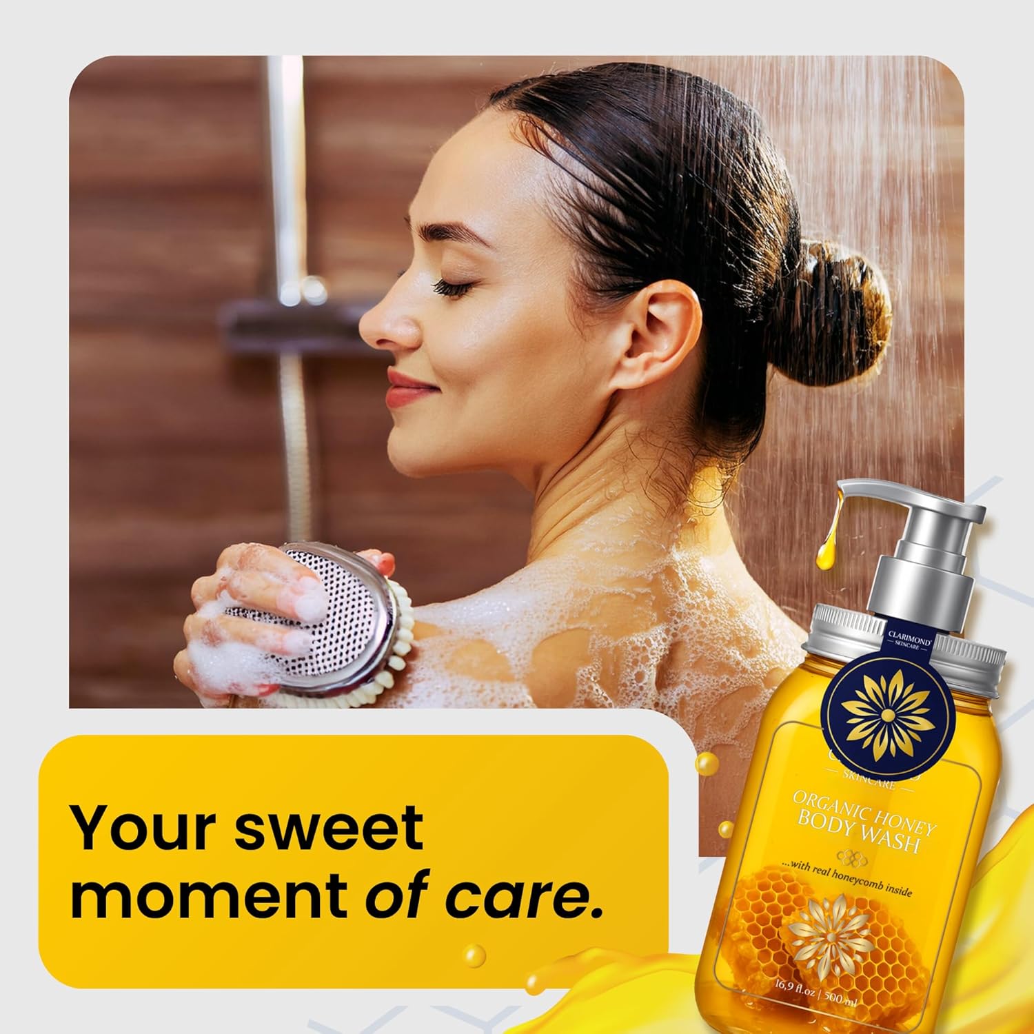 Clarimond Artisanal Honey Body Wash with Royal Jelly, Honeycomb & Propolis, Aloe Vera & Rosemary extract for Deep Nourishment & Rich Foaming Exfoliation, Paraben & Sulfate Free, - Image 5