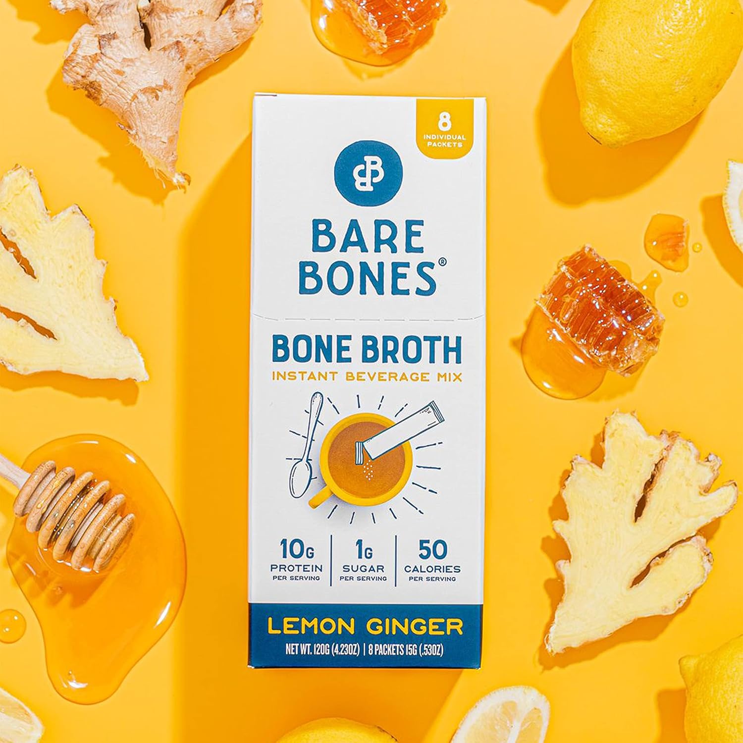 Bare Bones Instant Bone Broth Powder Mix Lemon Ginger 4 Pack Non-GMO Gluten-Free Dairy-Free - Image 3