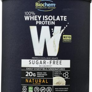 Biochem 100% Whey Isolate Protein Powder - Grass Fed, Low Carb, Keto-Friendly, Non-GMO, Gluten-Free - Supports Immune Health & Muscle Recovery 20g Vegetarian Protein per Serving - Natural Flavor,1.5lb
