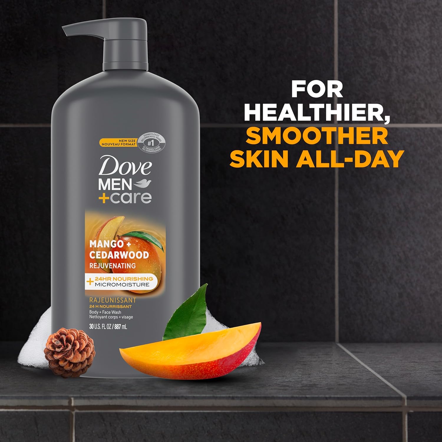DOVE MEN + CARE Body and Face Wash Rejuvenating Mango + Cedarwood 3 Pack for Men, with 24-Hour Nourishing Micromoisture Technology, 30 oz - Image 3