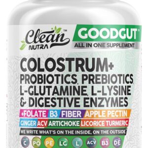 Clean Nutraceuticals Colostrum Supplement Capsules Probiotics Pills Prebiotics, L-Glutamine, Digestive Enzymes, Folate, Fiber, ACV, Turmeric, Apple Pectin and Turmeric Good Gut