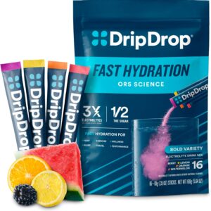 DripDrop Hydration Packets - Bold Variety Pack - Single Serve Electrolytes Powder Drink Mix - Watermelon, Berry, Lemon, Orange - Non-GMO, Gluten Free, Vegan - 16 Sticks