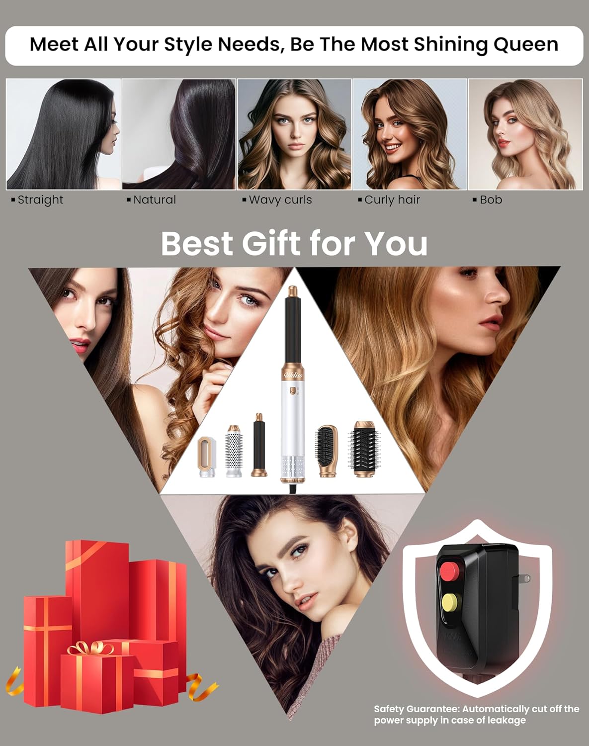 6 in 1 Blow Dryer Brush,Hair Dryer Brush with Ionic Technology, Multifunctional Styler Styling Tools, Auto Air Curler for Hair, Fast Styling for Most Hair Types, Safe ALCI Plug (White Gold) - Image 9