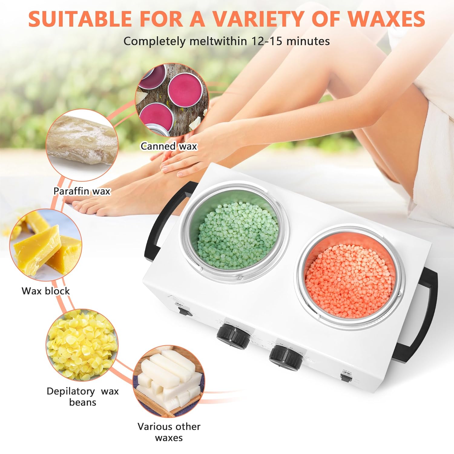 Professional Double Pot Wax Warmer Heater Machine for Painless Hair Removal with 50 Sticks and 20 Collars - Image 2