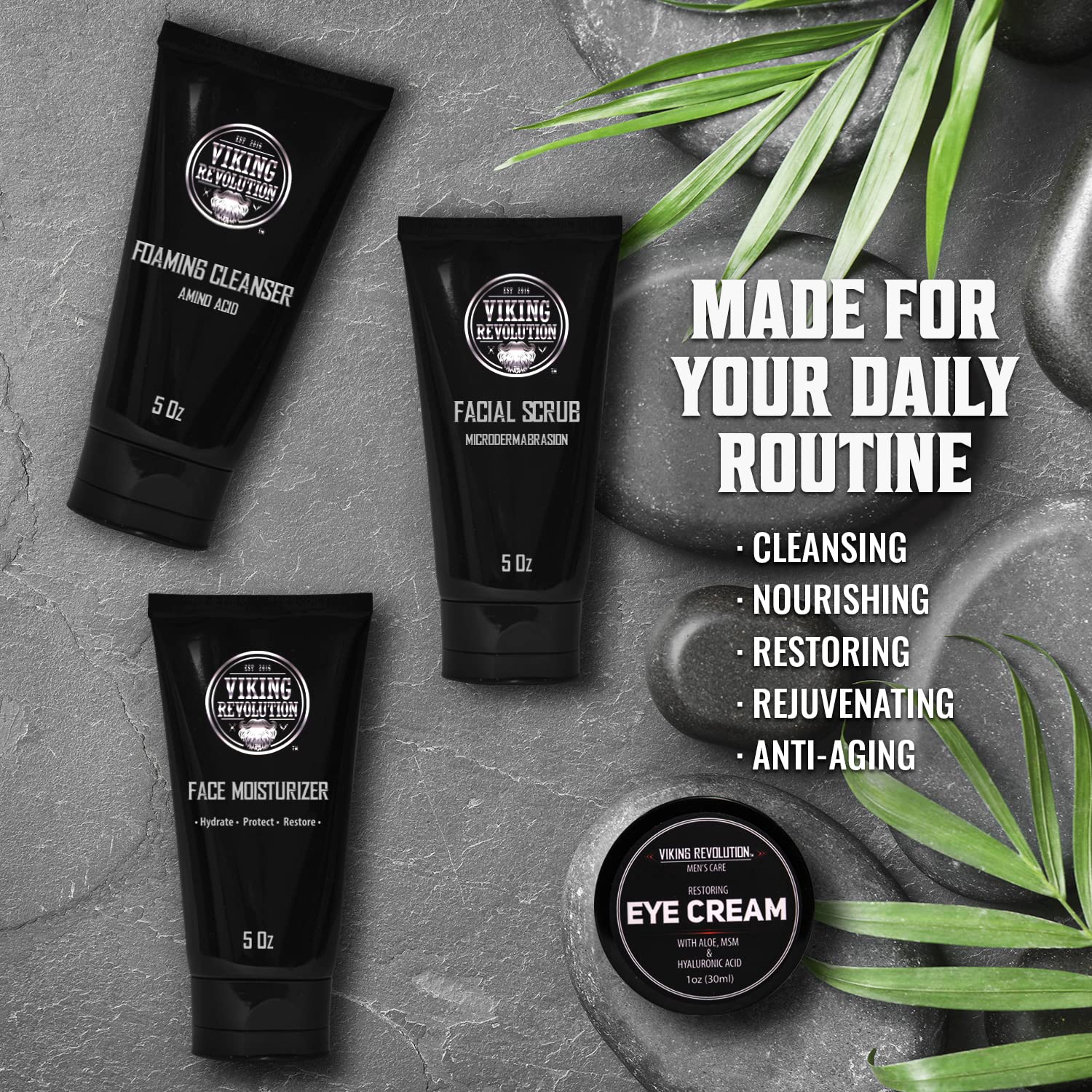 Viking Revolution Mens Facial Skin Care Kit - Includes Rejuvenating Face Moisturizer (5oz) Microdermabrasion Facial Scrub (5oz) Foaming Cleanser (5oz) Eye Cream (1oz) - Image 6
