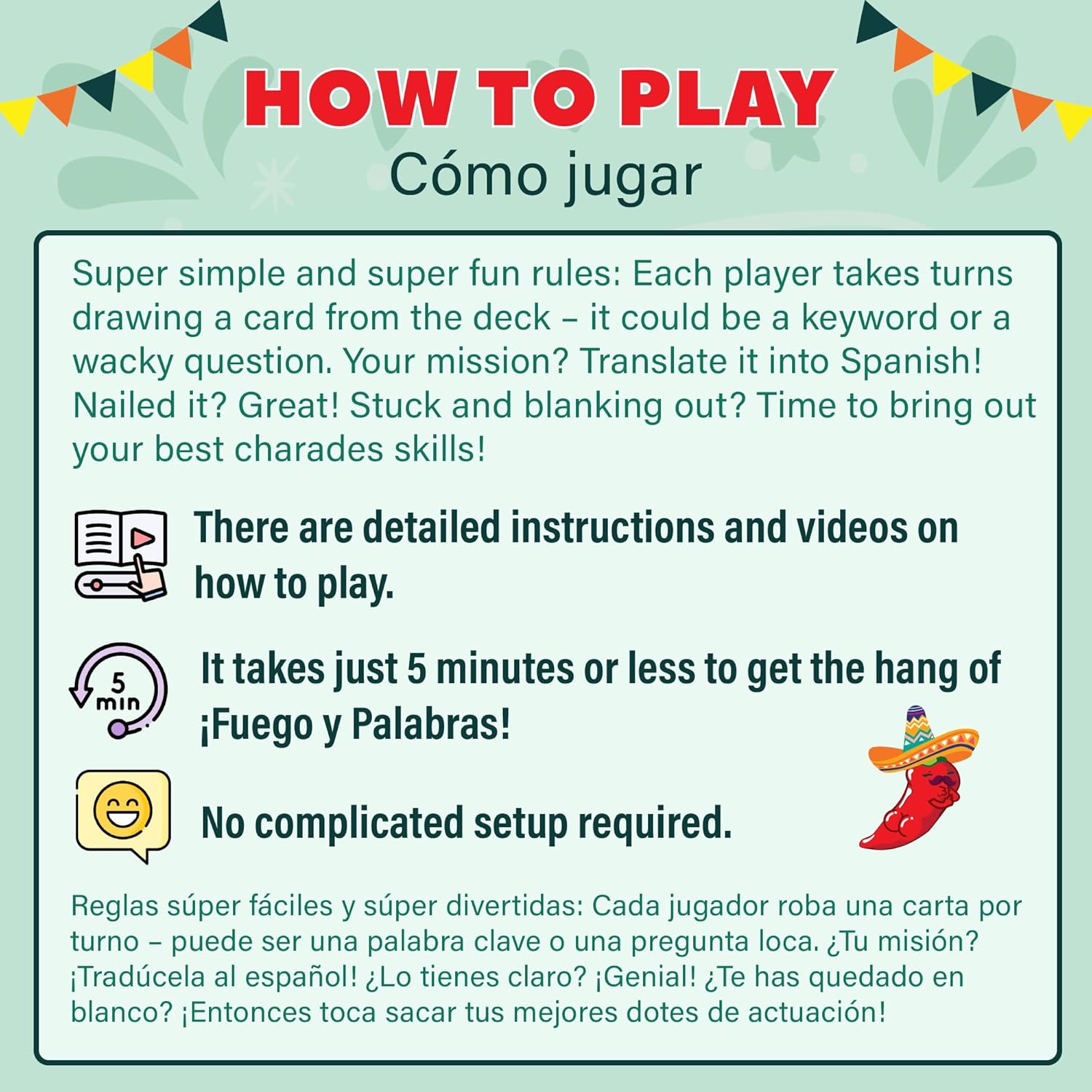 ¡Fuego y Palabras! | Spanish Charades – Spanish Keyword-Guessing Game: Acting Challenges & Learning for Everyone – Easy & Fun Bilingual Card Game – Juego de Mímica en Español. Perfect for Parties | - Image 3