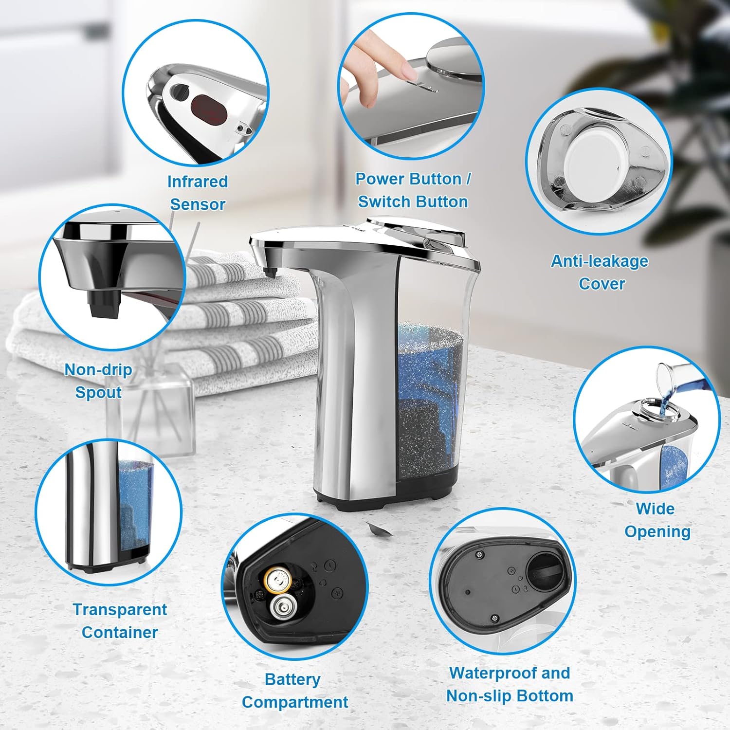 Automatic Soap Dispenser, Touchless Dish Soap Dispenser 17oz/500ml with Infrared Sensor, 5 Adjustable Soap Levels, Liquid Dispenser for Bathroom Kitchen (Silver) - Image 6