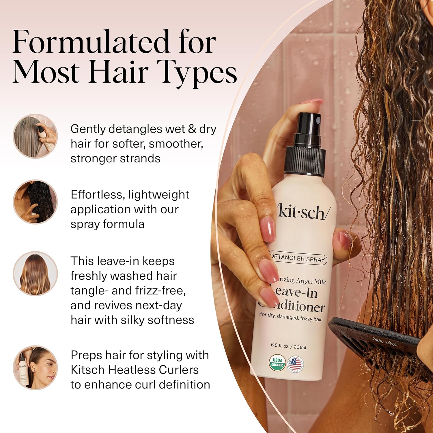 Kitsch Argan Milk Leave In Conditioner Spray for Curly Hair, Detangler Spray for Wavy, Fine, Dry & Damaged Hair, Sulfate-Free Frizz Control for Women & Men, Lightweight Moisturizer for Hair, 6.8oz - Image 5