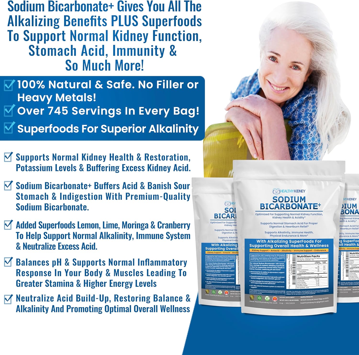 Organic Use Sodium Bicarbonate Alkaline Supplement for Alkalinity. Support Kidneys & Stomach Acid Neutralizer w/Alkaline Superfoods. Sodium Bicarbonate Powder Kidney Immune Support Antacid Sports 1LB - Image 4