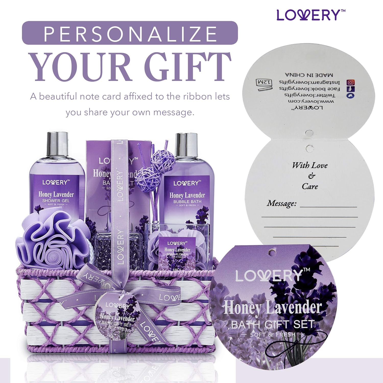 13 Piece Honey Lavender Spa Gift Basket for Her or Him with Essential Oil Diffuser - Image 8