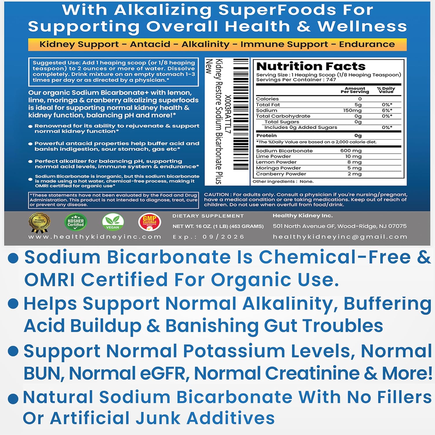 Organic Use Sodium Bicarbonate Alkaline Supplement for Alkalinity. Support Kidneys & Stomach Acid Neutralizer w/Alkaline Superfoods. Sodium Bicarbonate Powder Kidney Immune Support Antacid Sports 1LB - Image 2