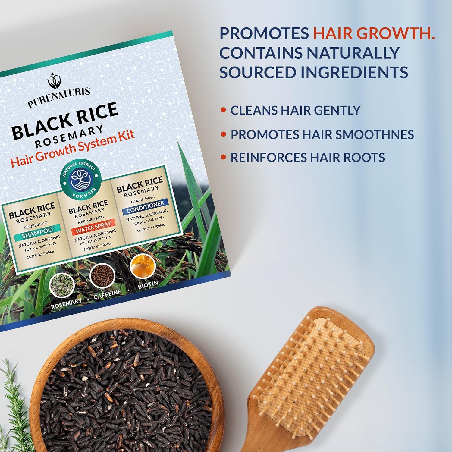 Organic Rosemary Black Rice Water Shampoo Conditioner Set for Hair Growth, Rice Water Spray, w/Rosemary Water, Biotin, Caffeine, Routine Shampoo for Women Men Hair Loss Thickening, Longer - Image 8