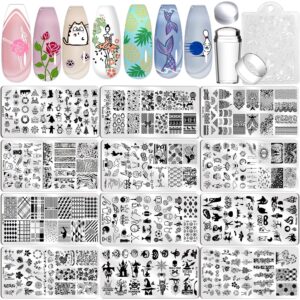 Biutee 12 Pcs Nail Art Stamping Plate Set Nail Stamping Kit Nail Stamper Flower Leaves Animal Lace Star Rose Holiday Design Nail Stamp Plate Valentine Nail Stamp Template