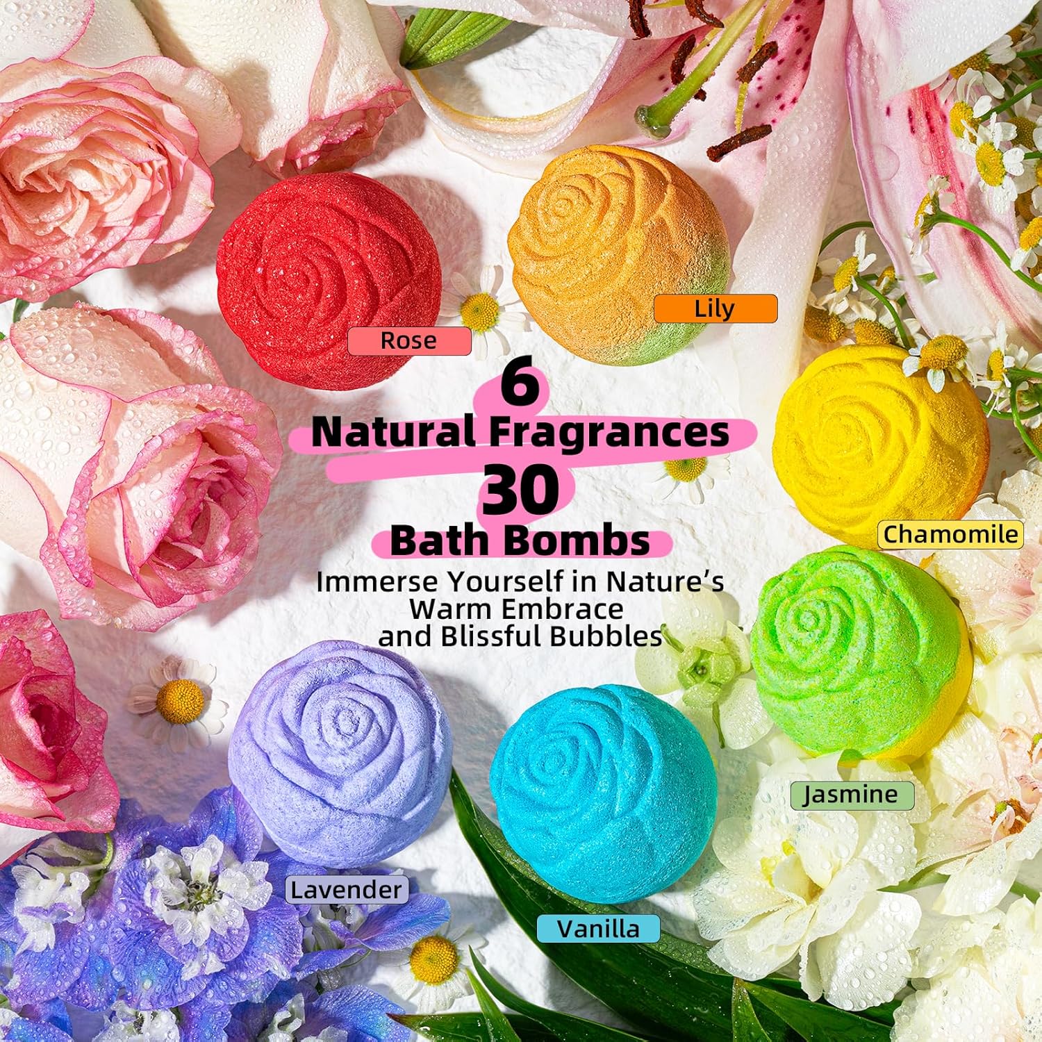 30 Rose-Shaped Bath Bombs – Handmade with Natural Ingredients, 6 Calming Scents, Relaxing Spa Gifts for Women, Men, Teens & Kids – Self Care Gifts for Summer & Birthdays - Image 5