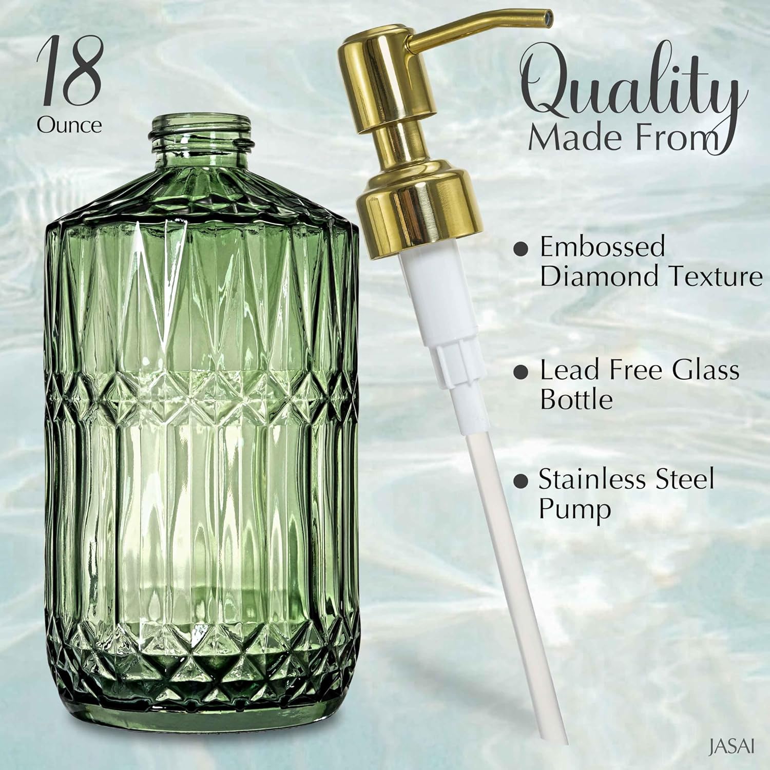 JASAI 18Oz Green Glass Soap Dispenser Gold Pump Refillable Kitchen Bathroom Hand Soap Lotion Body Wash - Image 2