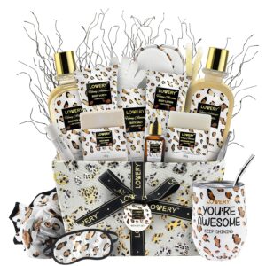 Luxury At-Home Spa Kit with Honey Almond Scent - Bath Gift Basket with Vit E-Rich Bath Essentials, Tumbler, Ear Candles, Bath Oil, Salts, Shower Steamer, Organic Lip Balm & More in Leopard Basket, 21